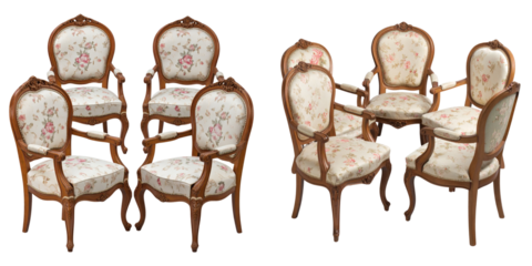 Calarfull  Set of Four Vintage Armchairs with Floral Upholstery, Arranged in Semi-Circle, Isolated on Transparent Background