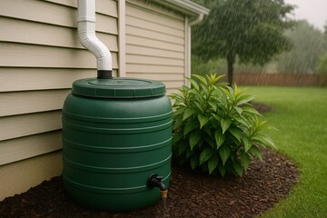 Rain barrel collecting rainwater during rainfall