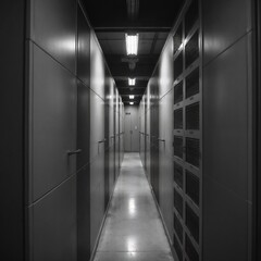 Narrow corridor of an archive with storage boxes and security features in black and white