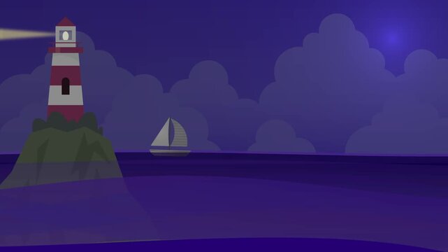 A lighthouse on a remote island and a yacht sailing offshore