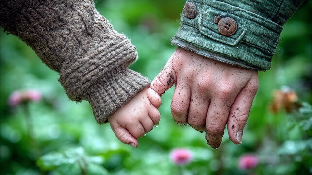 A close-up shot shows a child's small hand, clad in a knitted sleeve, holding the finger of an adult's hand, which is wearing a green jacket. Both hands are smu