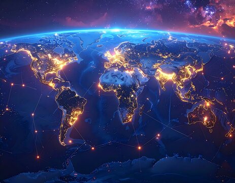 A globe glowing with city lights, connected by digital lines