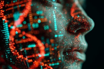 Pioneering genetic insights through advanced data analysis. Market trends. A kaleidoscope of dna displays in a futuristic lab setting for genetic research. Economic growth. Trading data.