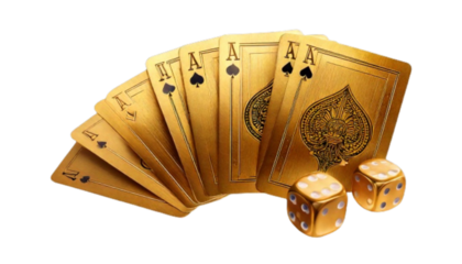 3D Perspective of Golden Cards Leaning with Dice Clustered, Isolated on Transparent Background