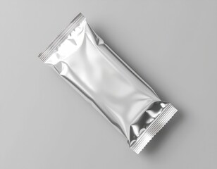 Silver foil package mockup for snack bar or chocolate on gray background
