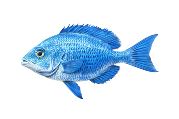A vibrant blue fish swims gracefully, its scales shimmering in the light, isolated on transparent background, showcasing the beauty of marine life in its natural form