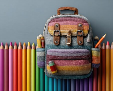 Striped backpack with colored pencils against a grey background