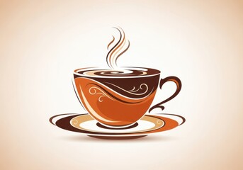 Obraz premium Steaming cup of coffee with decorative swirls on a saucer. A cup of coffee with steam isolated on white background