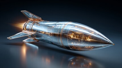 Streamlined missile design emphasizes futuristic high-speed capability. Hero shot. Sleek metallic missile with aerodynamic fins for optimal speed. Creative concept. Concept art.