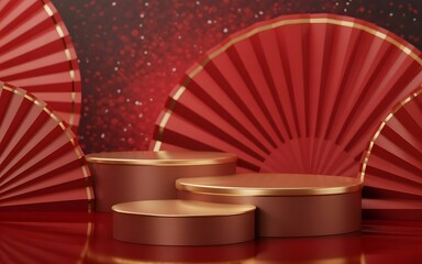 A festive red and gold display features tiered podiums surrounded by traditional chinese folding fans, evoking a celebratory and auspicious atmosphere