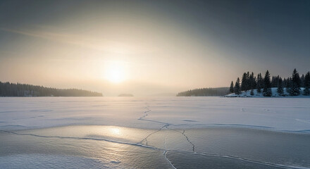 A vast frozen lake covered in snow and cracked ice reflects the soft glow of a low winter sun near a pine forest. © Trias