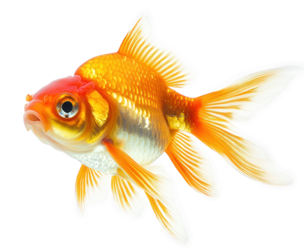 A golden goldfish isolated on transparent background, showcasing its shimmering scales and flowing fins, swimming gracefully in an aquarium environment, a captivating sight
