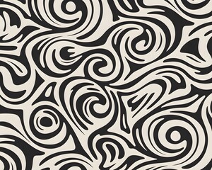 Abstract black and white swirling pattern, organic shapes, tribal or ethnic motif, seamless texture, graphic design element