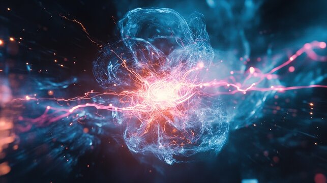 A vibrant, dynamic explosion of energy and light, resembling a nebula or a powerful electrical discharge, with streaks of blue, red, and orange illuminating a dark background.