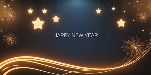 Happy new year celebration with glowing stars, fireworks, and light trails on a dark blue background, festive and celebratory atmosphere