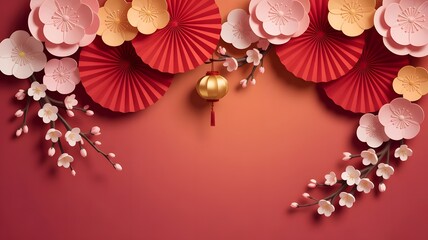 Traditional chinese new year decoration with red paper fans, cherry blossoms, and a golden lantern on a red background, symbolizing good fortune and celebration