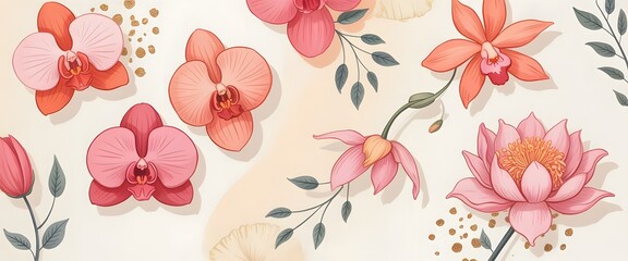 A watercolor painting of various pink and coral orchids and lotus flowers scattered across a soft, textured background with delicate leaves and gold speckles