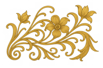 Golden floral ornamental filigree border, intricate baroque style scrollwork element, transparent background, decorative flourishing design for luxury events