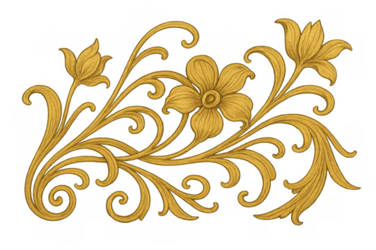 Golden floral ornamental filigree border, intricate baroque style scrollwork element, transparent background, decorative flourishing design for luxury events
