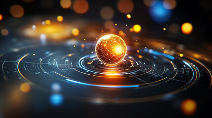A 3D electron orbit model hovers above a surface, with glowing orbital paths and particle representation, illustrating atomic structure and quantum physics concepts.
