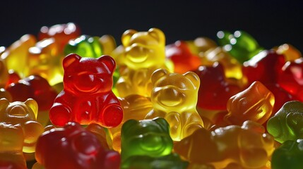 A vibrant collection of gummy bears in various colors is arranged on a dark surface, creating a playful and colorful composition.