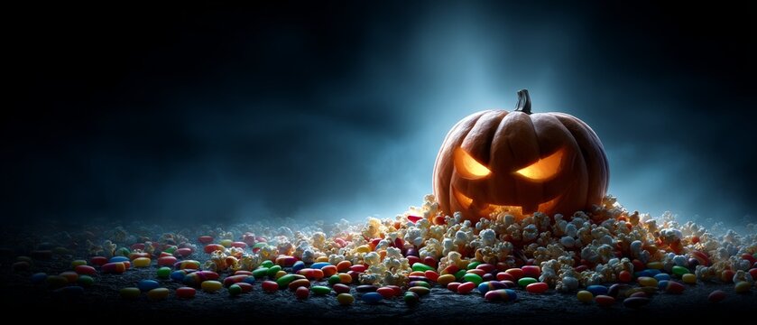 A cascade of candy: halloween's playful pumpkin twist. Action poster. Candy-laden halloween pumpkin amid autumn leaves and mini pumpkins. Blockbuster poster. Visual poster. - Powered by Adobe