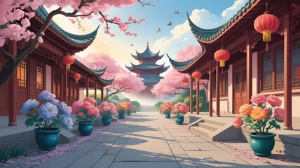 Traditional chinese courtyard with blooming cherry blossom trees and a pagoda in the background during springtime