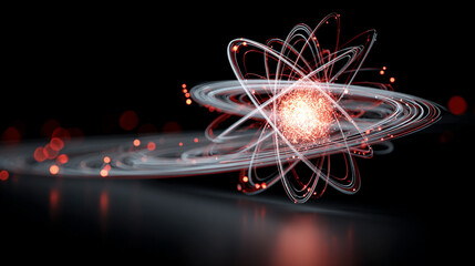 A 3D electron orbit model hovers above a surface, with glowing orbital paths and particle representation, illustrating atomic structure and quantum physics concepts.
