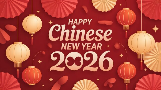 Happy chinese new year 2026 celebration with hanging lanterns, red paper fans, and festive elements on a vibrant red background, symbolizing good fortune