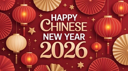Happy chinese new year 2026 festive greeting with red lanterns, golden fans, stars, and floral motifs on a rich red background