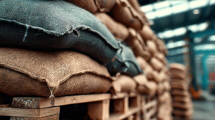 Burlap sacks on pallets storing commodity in warehouse