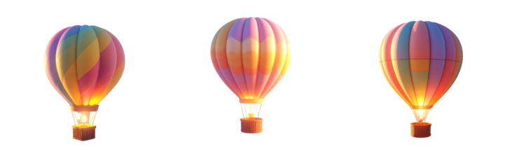 Set of Fluffy 3D Cartoon Hot Air Balloon Flying Above Mini Clouds, Glowing Basket, Isolated on Transparent Background