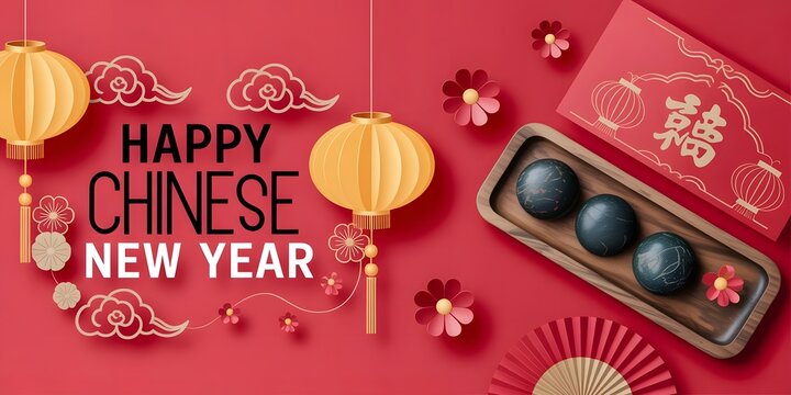 Happy chinese new year message with yellow lanterns, red envelopes, and flowers on a vibrant red background, symbolizing good fortune and celebration - Powered by Adobe