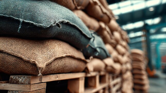 Burlap sacks on pallets storing commodity in warehouse