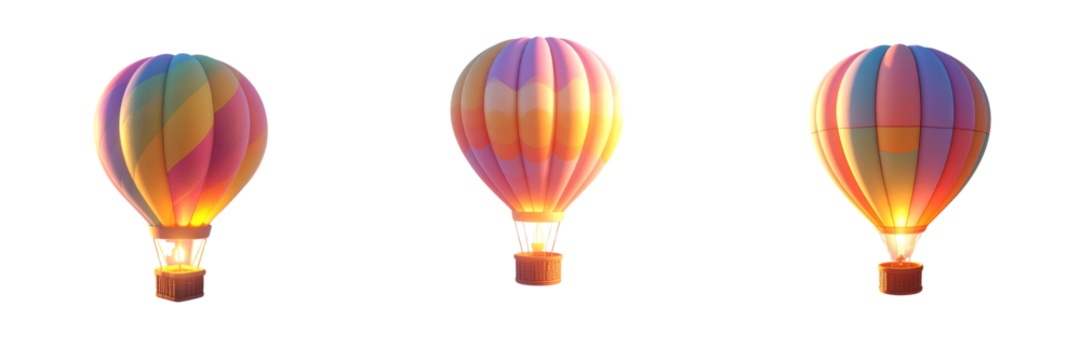 Set of Fluffy 3D Cartoon Hot Air Balloon Flying Above Mini Clouds, Glowing Basket, Isolated on Transparent Background