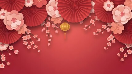 Festive red paper fans and delicate cherry blossoms adorn a vibrant red background, perfect for lunar new year and spring festival decorations