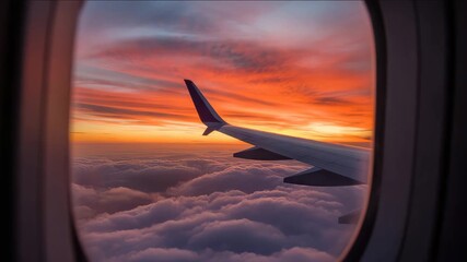 Fly above the clouds during a vibrant sunrise with airplane wing in view from window - Powered by Adobe