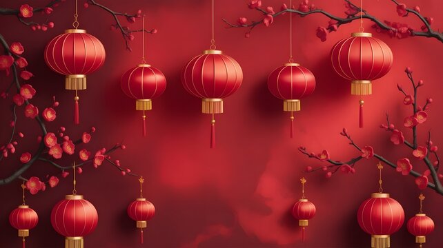 Traditional red chinese lanterns and blooming cherry branches create a festive atmosphere for lunar new year celebrations and cultural events