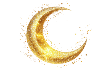 Golden crescent moon isolated on transparent background, sparkling with glitter, symbolizing ramadan, eid, and celestial beauty, perfect for festive decorations and spiritual themes