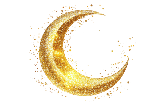 Golden crescent moon isolated on transparent background, sparkling with glitter, symbolizing ramadan, eid, and celestial beauty, perfect for festive decorations and spiritual themes