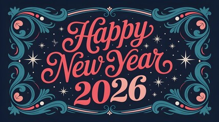 Happy new year 2026 decorative text within an ornate frame, featuring swirls and stars, a vintagestyle greeting for the new year celebration