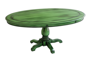 Green round table isolated on transparent background, showcasing a rustic finish, perfect for dining rooms, kitchens, or living spaces, adding a touch of vintage charm
