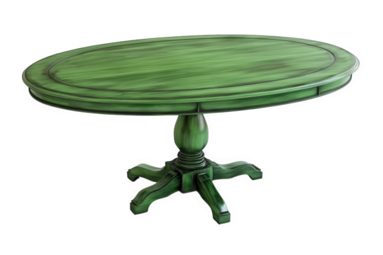 Green round table isolated on transparent background, showcasing a rustic finish, perfect for dining rooms, kitchens, or living spaces, adding a touch of vintage charm