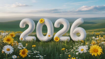 Happy new year 2026 inflatable numbers with flowers in a green field at sunrise