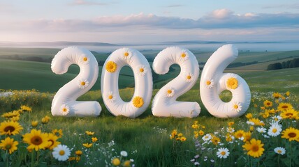 Happy new year 2026 inflatable numbers with flowers in a green field at sunrise