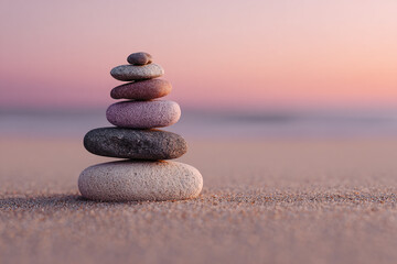 Fototapeta premium Minimal Stone Stack Balanced on Smooth Sand with Soft Coastal Horizon – ideal for posters