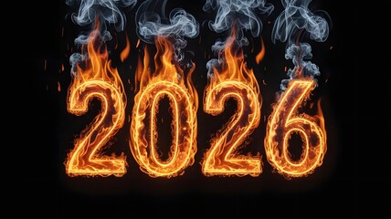 The year 2026 engulfed in flames and smoke, symbolizing a destructive or intense period, set against a dark background