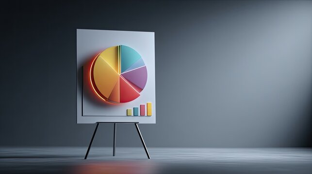 Colorful pie chart and bar graphs on a white easel, dark backdrop
