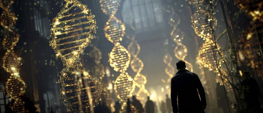 Exploring genetic frontiers: analyzing dna in dimly lit expert rooms. Blockbuster art. Intricate dna reviews: specialists examine complex patterns in dim light. Action poster. Poster graphics.