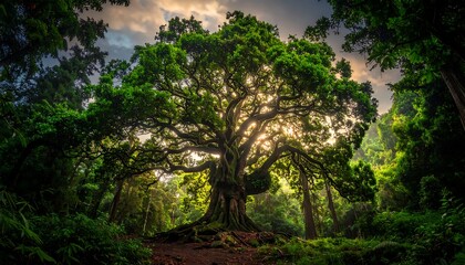 A magnificent, ancient tree radiates sunlight in a verdant forest